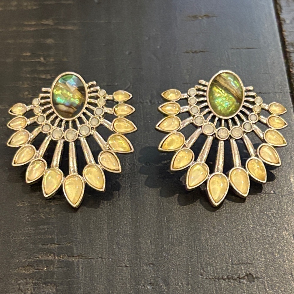 LUCKY BRAND Abolone Fan Earrings Cream & Light Blue Stones Silver Tone